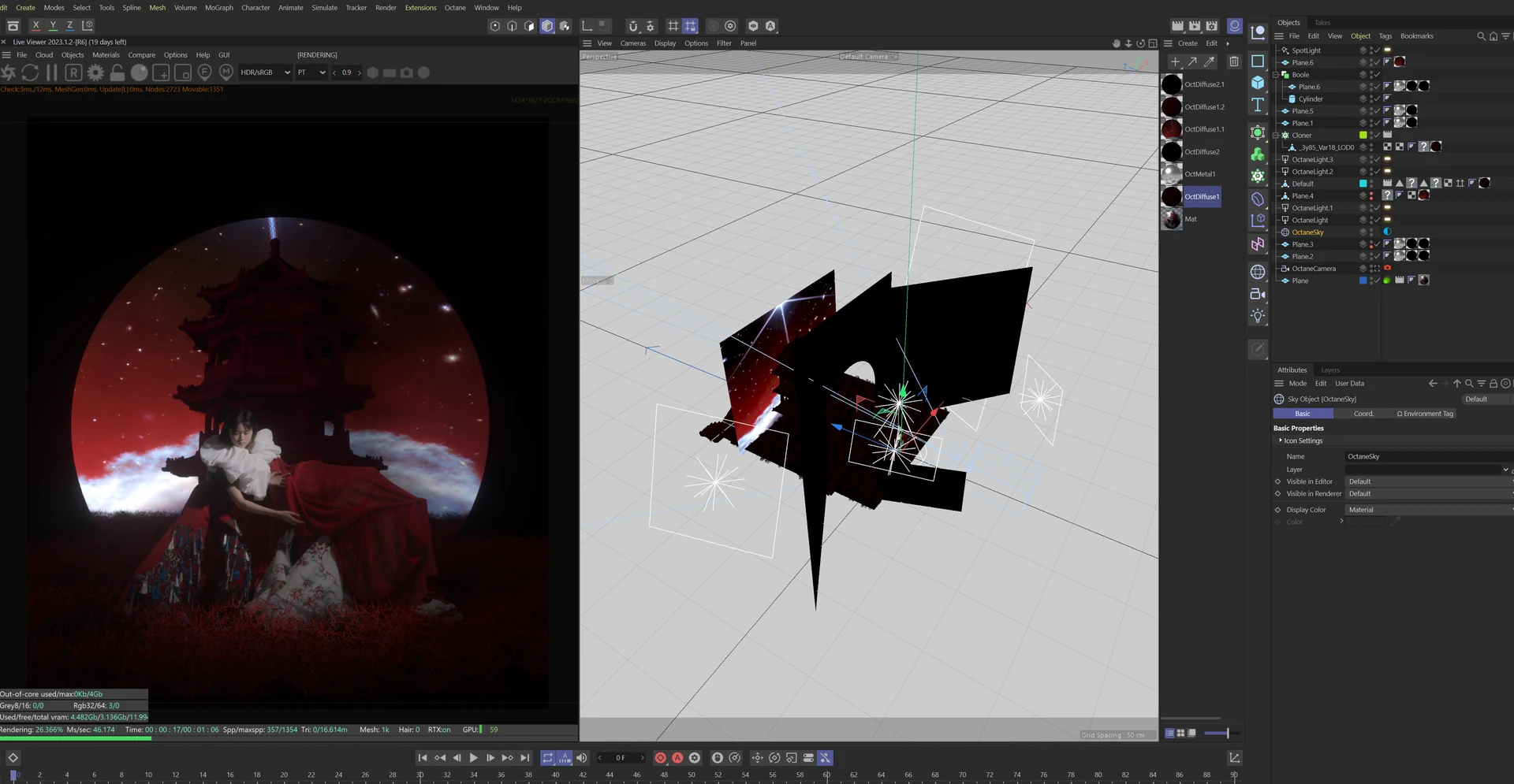 Cinema 4D scene setup for the circular moon and pagoda composition