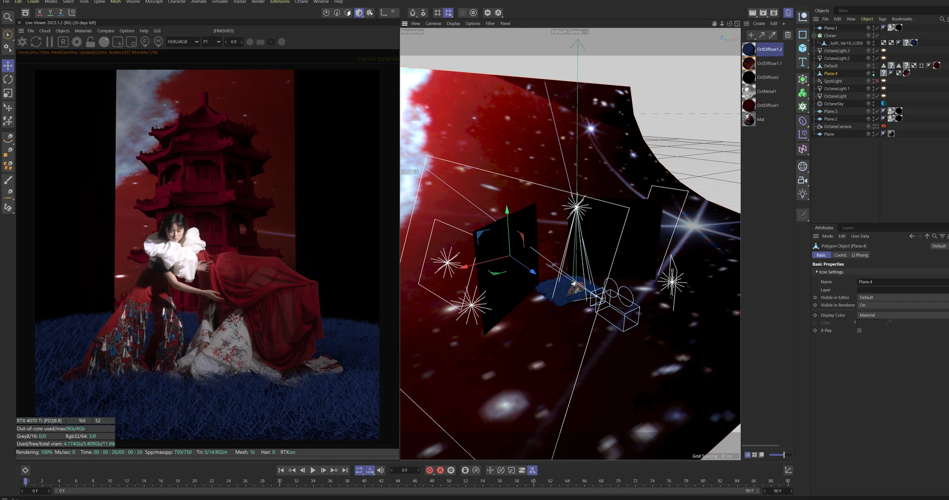 Cinema 4D and Octane development view for the At Nightfall pagoda editorial