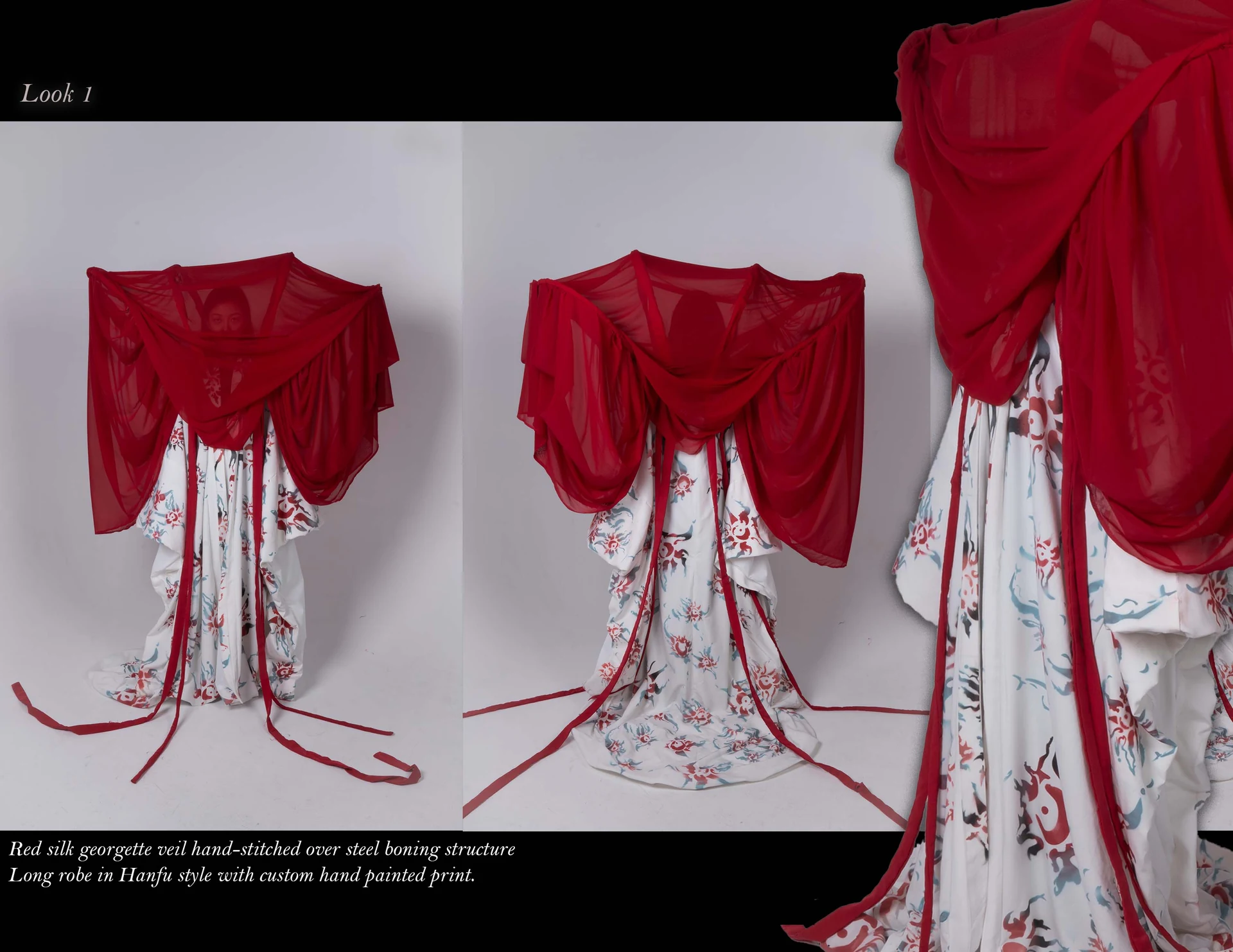 At Nightfall Look 1 red veil and custom printed robe