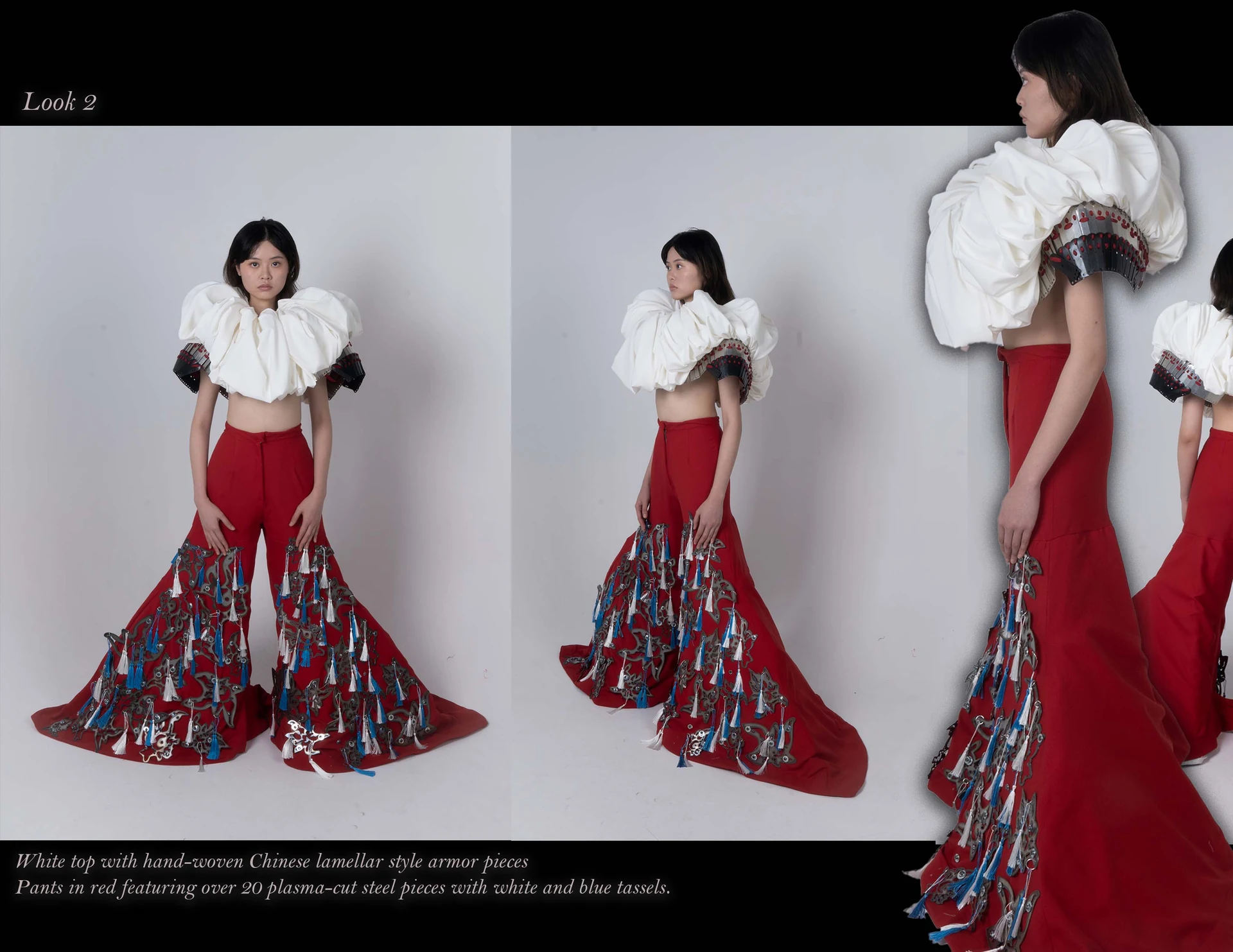 At Nightfall Look 2 white sculptural top and red lamellar trousers