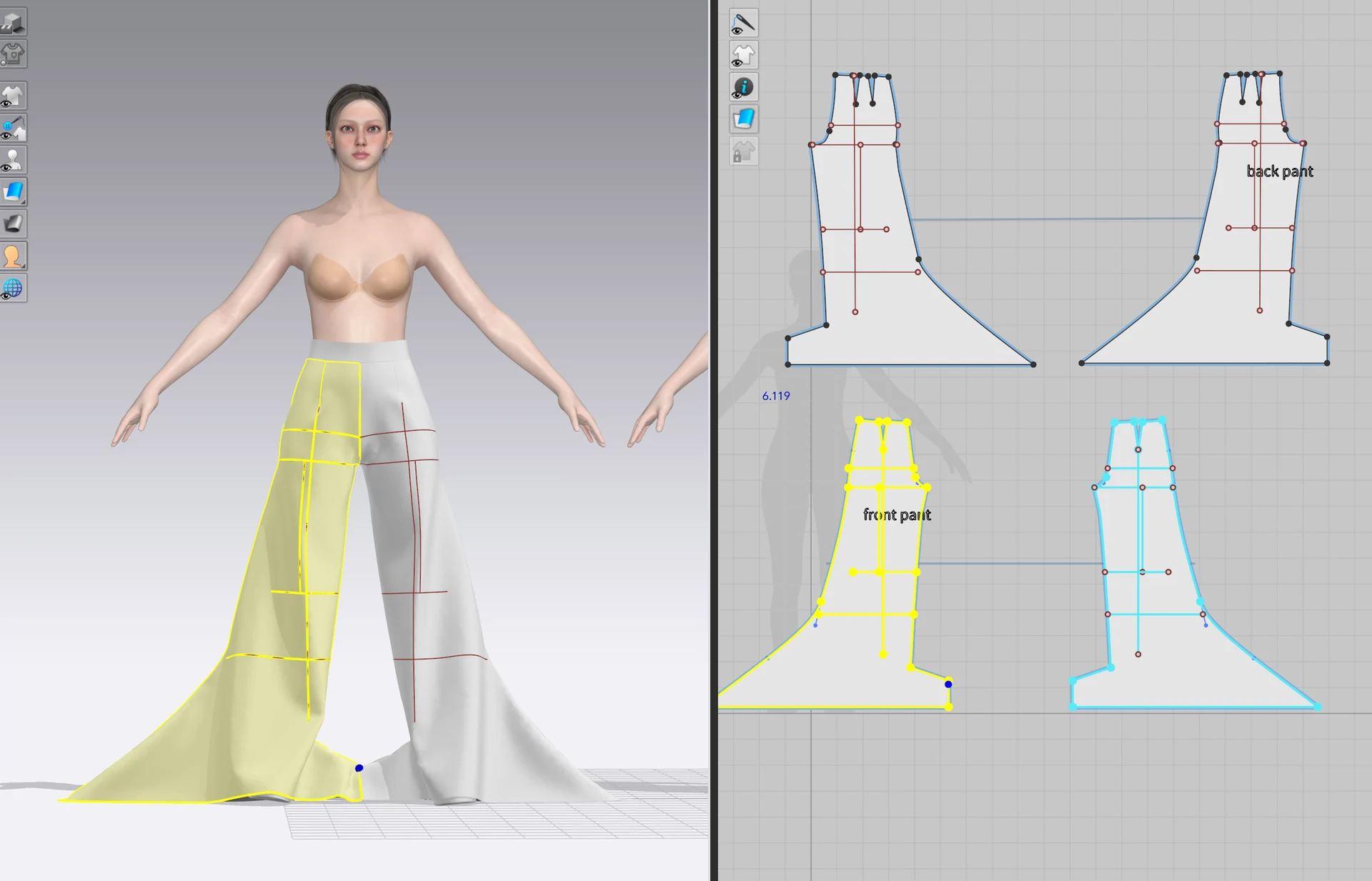 CLO3D asymmetric flared trousers and pattern development