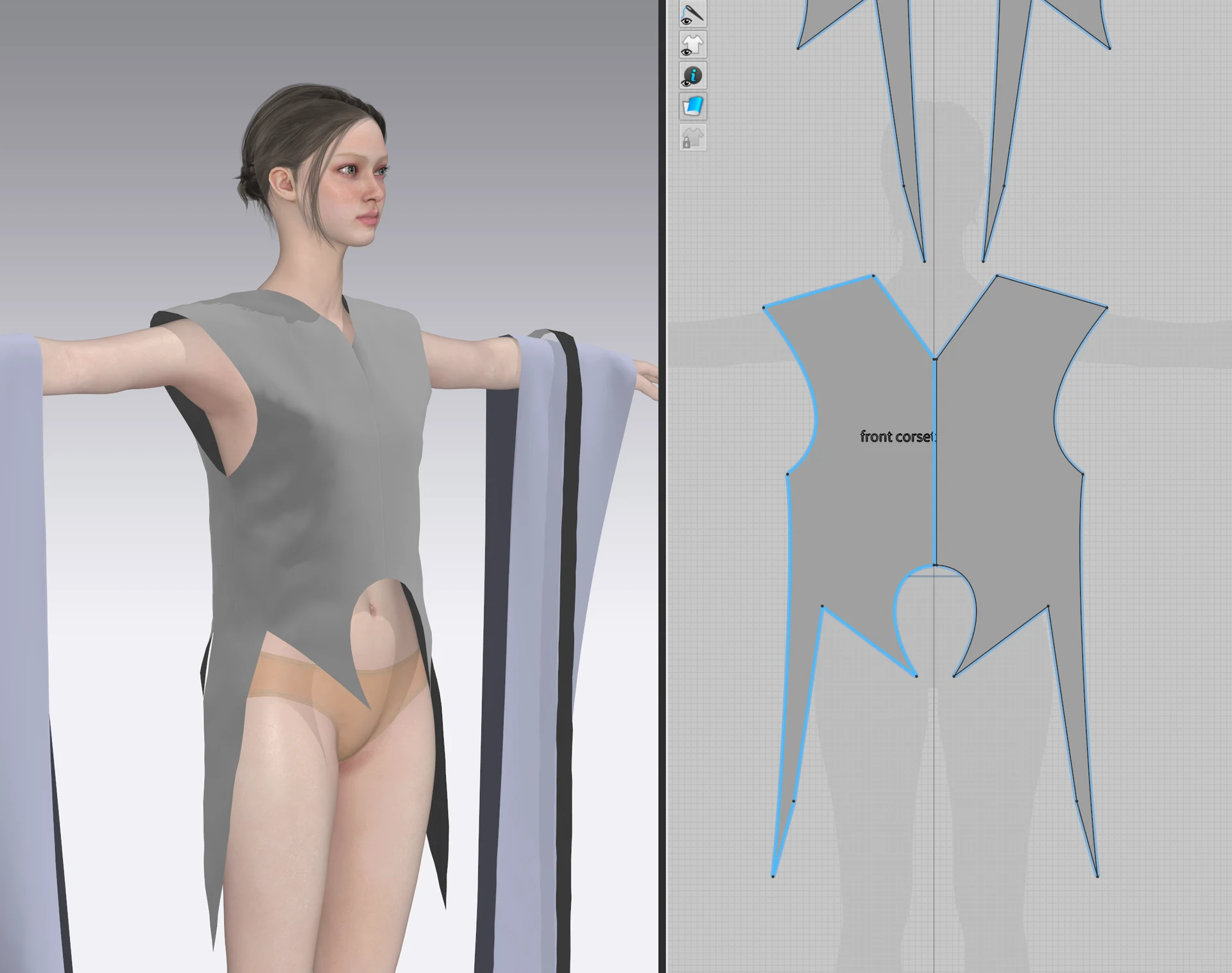 CLO3D corset top and long draped sleeve pattern development