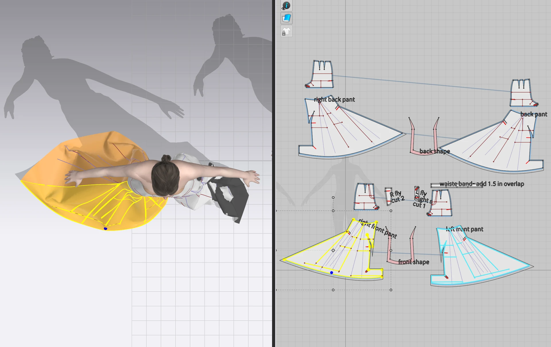 CLO3D overhead simulation and pattern development for paneled trousers with a draped skirt