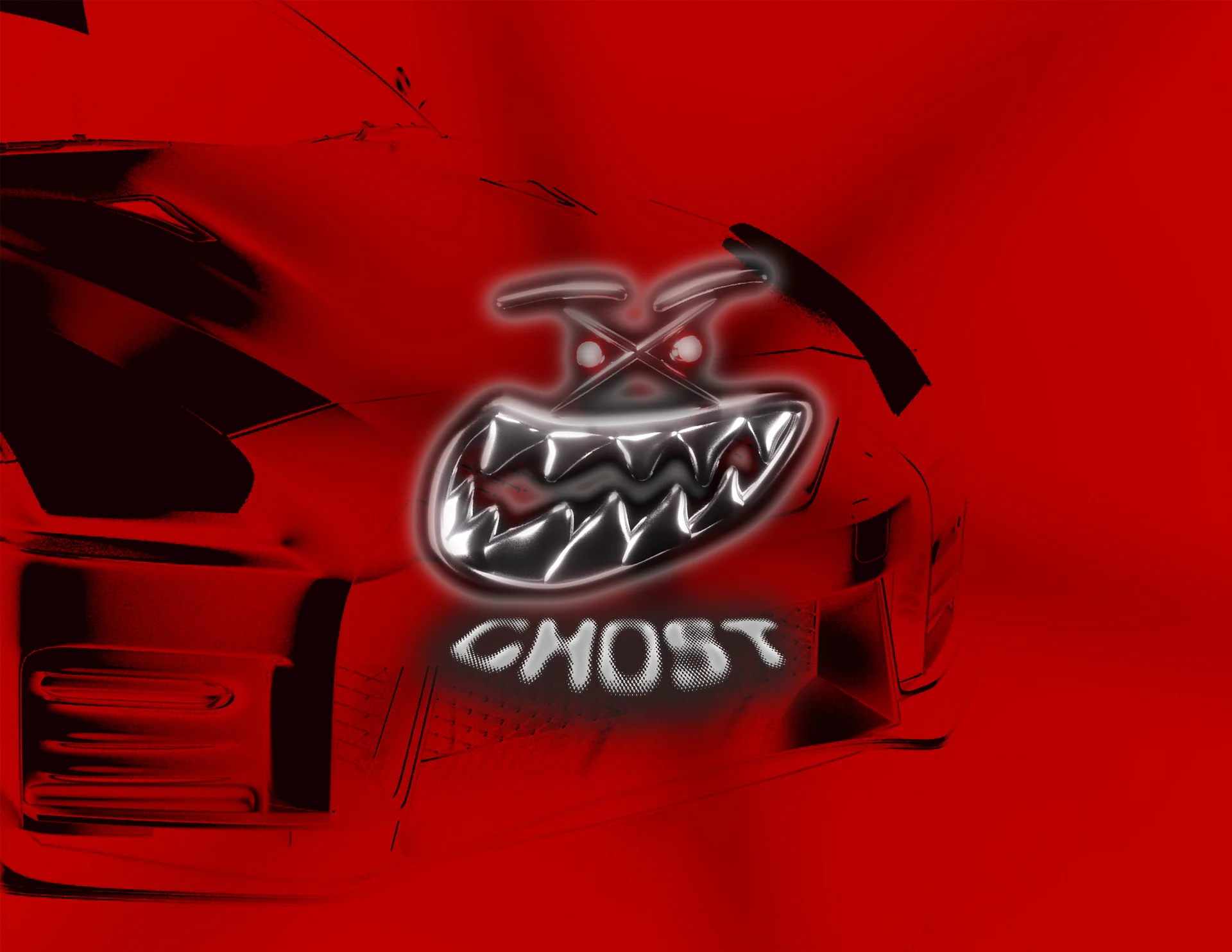 Ghost automotive branding artwork featuring a chrome mascot on a red sports car