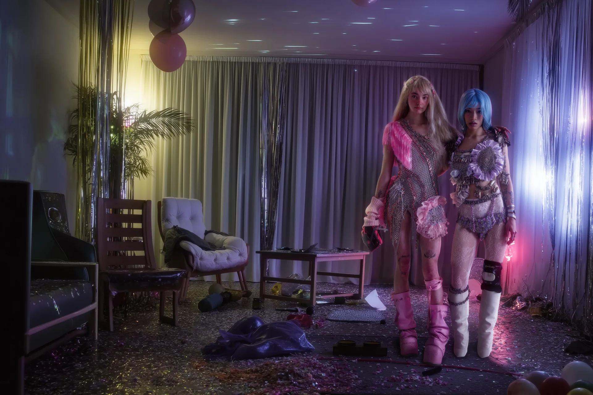 Two models wearing chainmail looks in an after-party interior