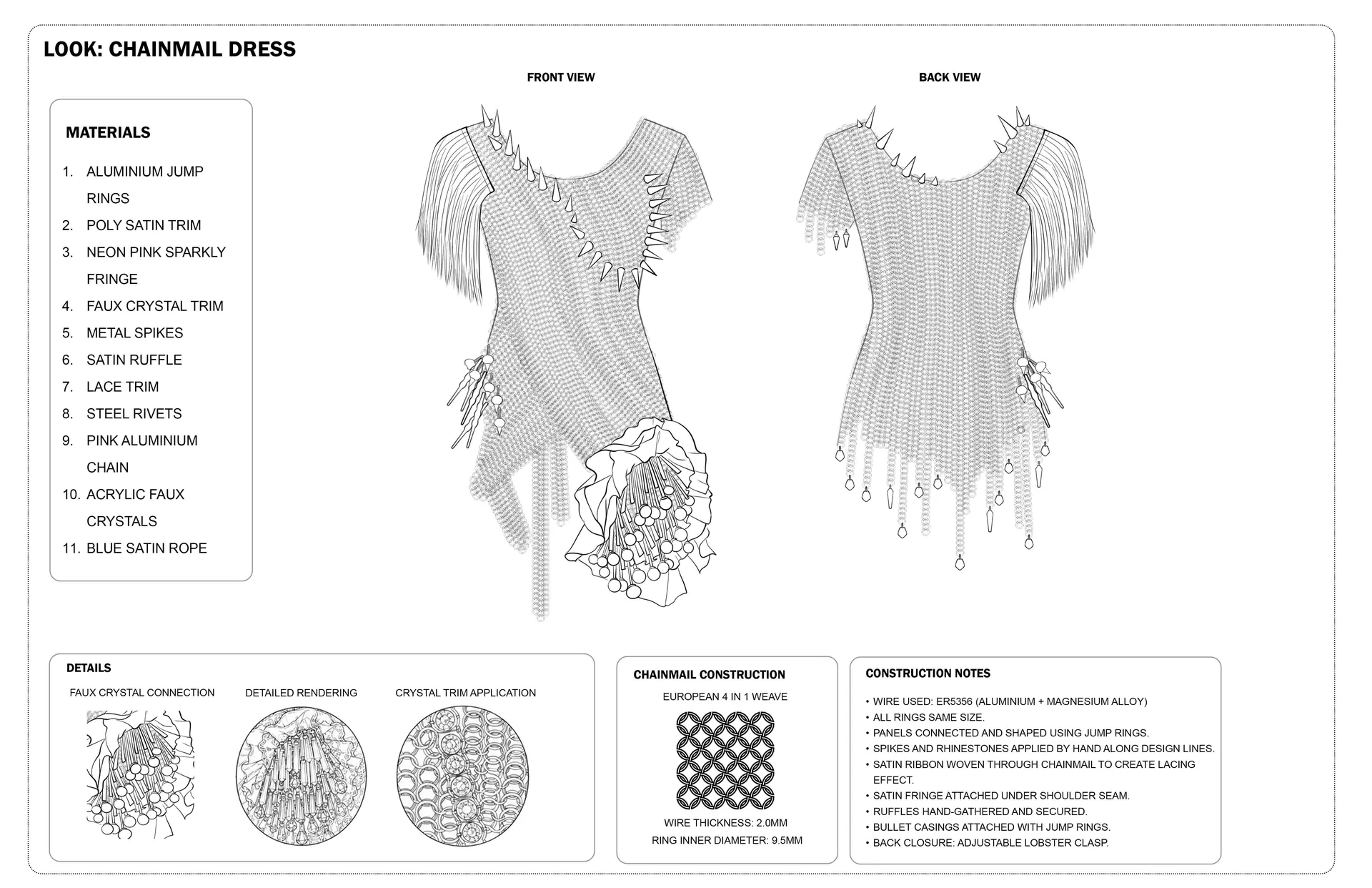 Chainmail dress technical page with front and back views, materials, construction details, and notes