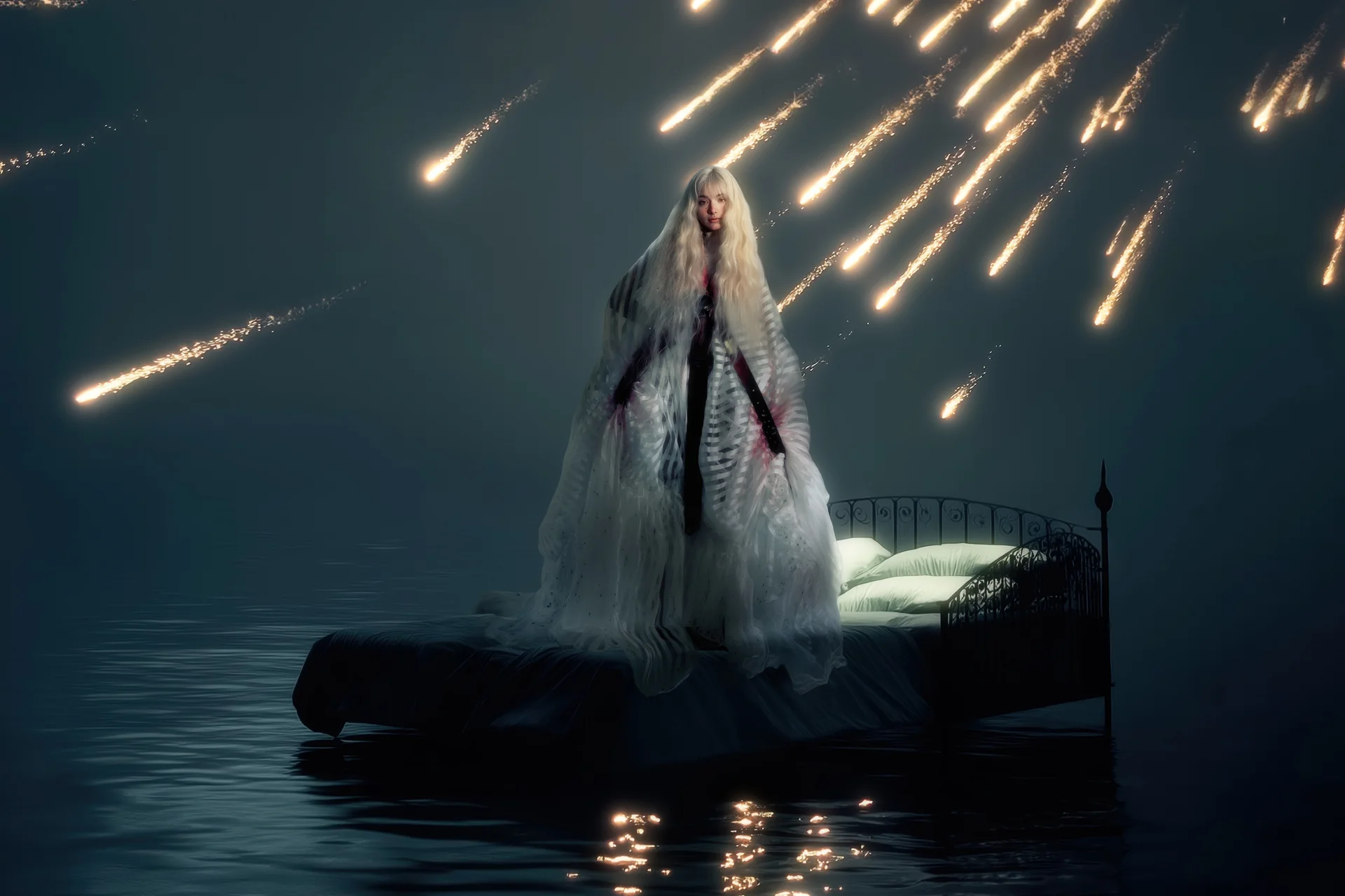 Model in a white gown standing on a bed beneath falling meteors