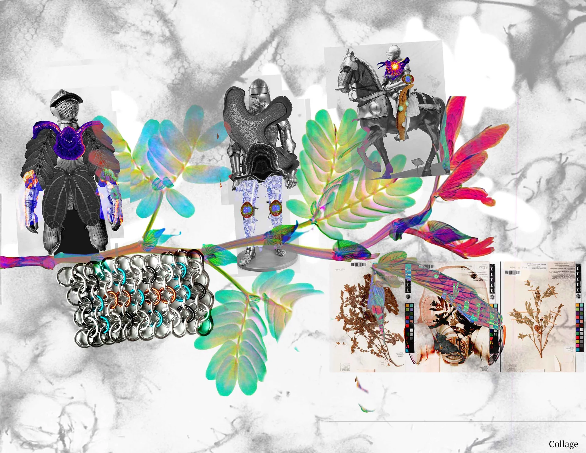 Armored silhouettes, botanical forms, and anatomy concept collage