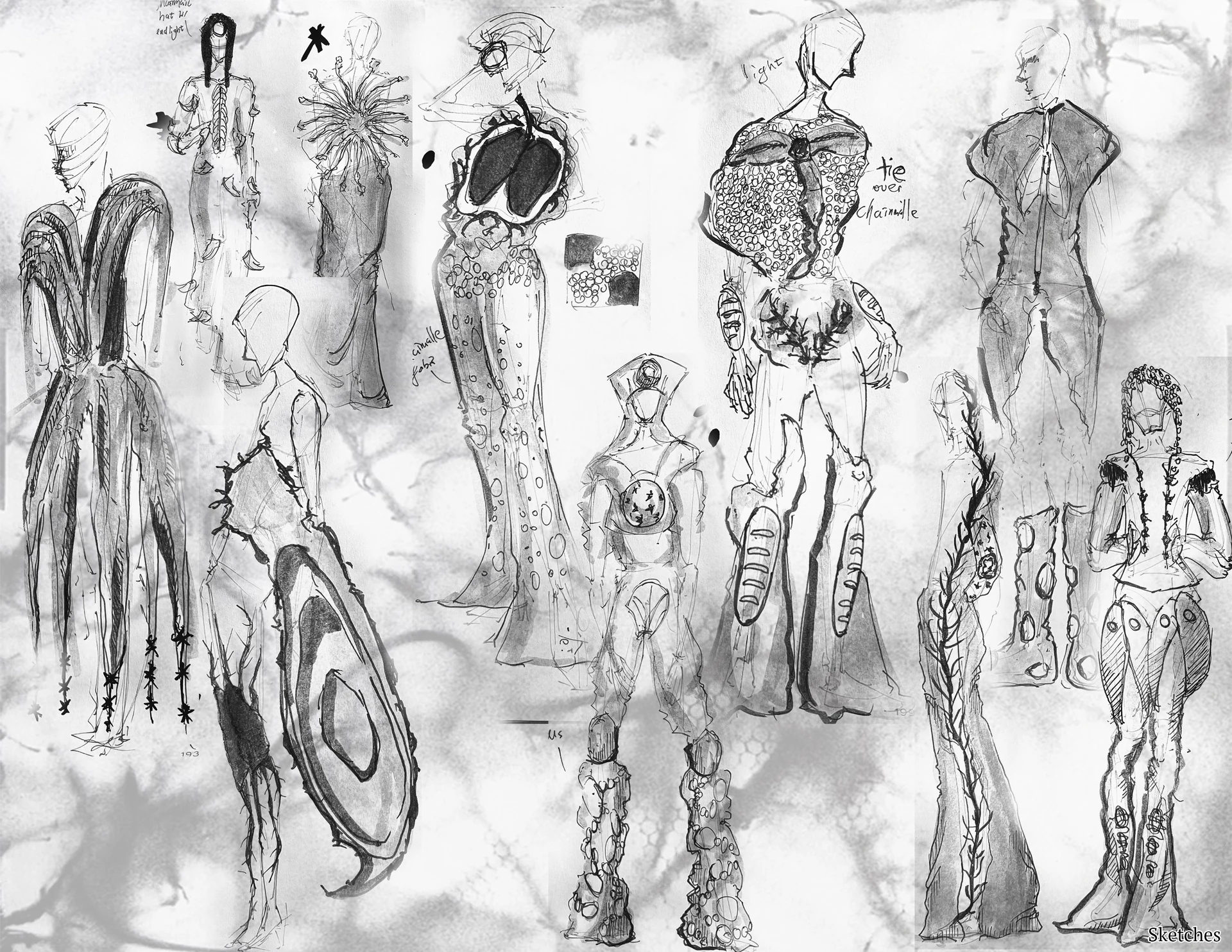 Inhalation silhouette sketches and garment design development