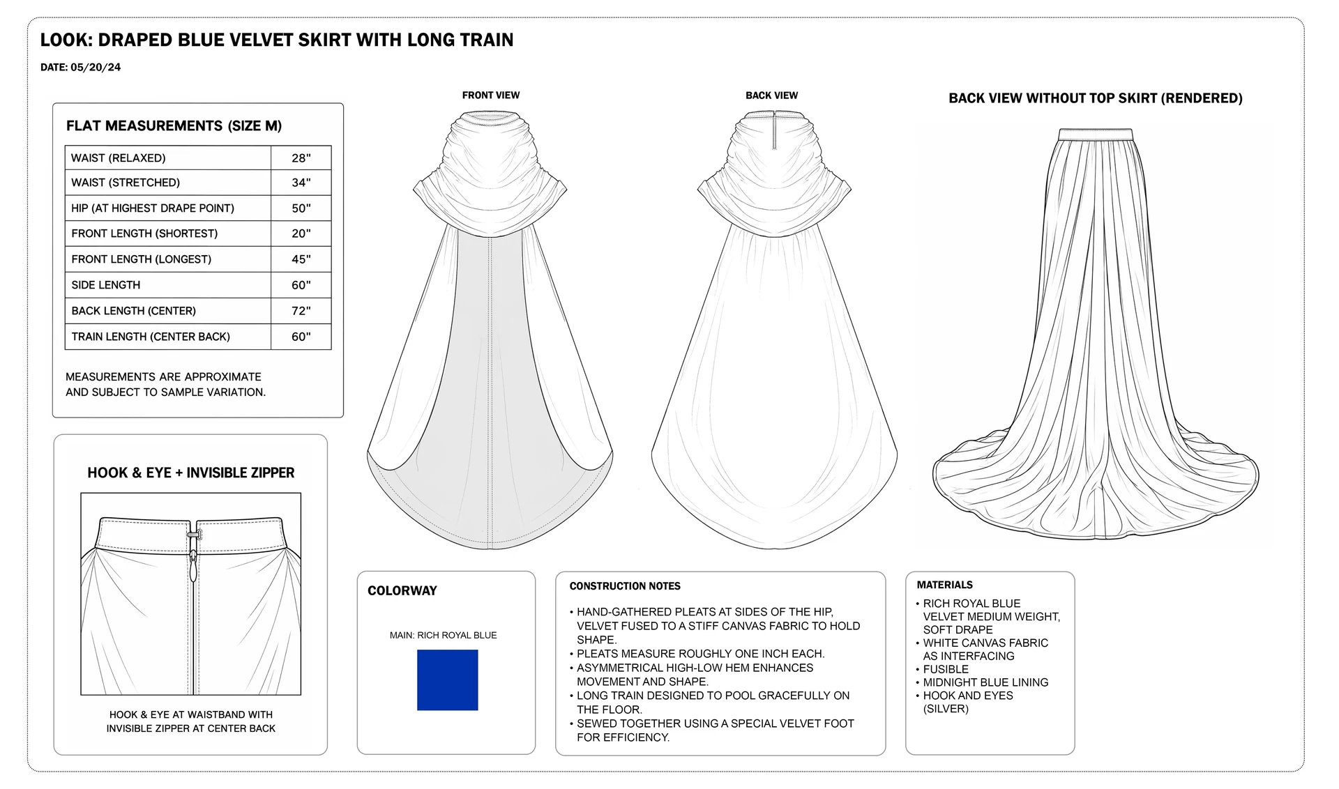Muse blue dress technical page with garment flats, materials, construction details, and notes
