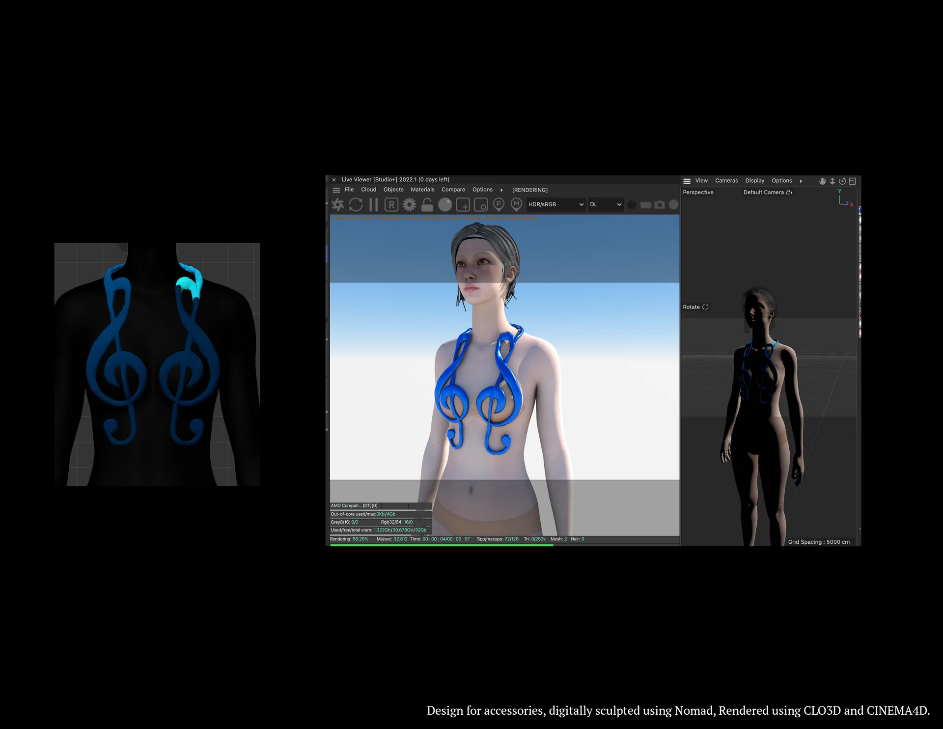 Muse treble-clef bodice digitally sculpted and rendered in CLO3D and Cinema 4D
